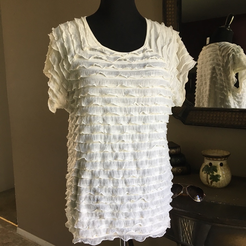 ASHLEY J RUFFLE CREAM OFF-WHITE CAP SLEEVE TUNIC 2X PLUS SIZE (See description)